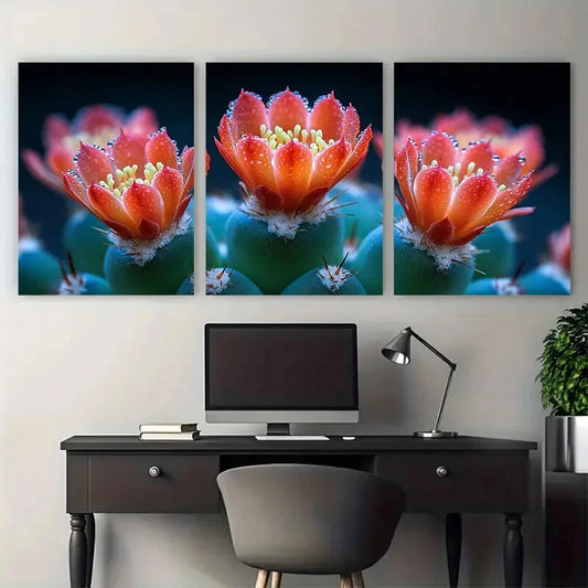 3pcs Macro Detail Red Cactus Thorn Succulent Metal Print Ready to Hang Art