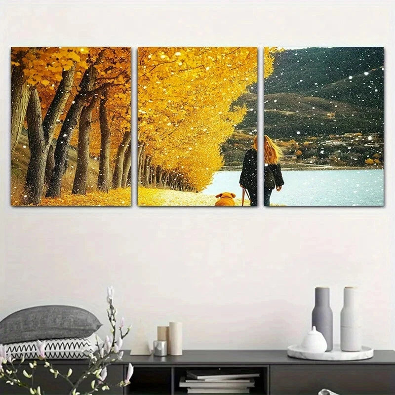 3pcs Autumn Golden Leaves Vibrant Metal Print Ready to Hang Art