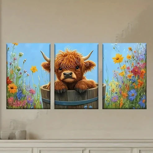 3pcs Highland Cows in Vibrant Flower Fields Wall Art Set Canvas Unframed - High Quality Print 100% Australian Made Wall Canvas - Bella Home Decor