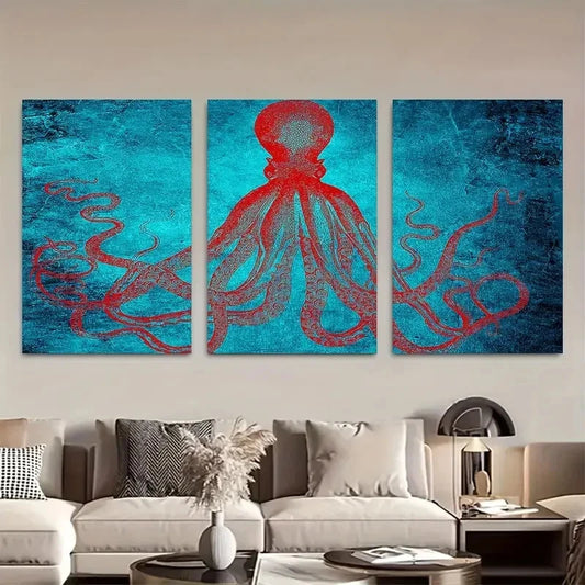 3pcs Blue & Red Kraken Artwork Metal Print Ready to Hang Art