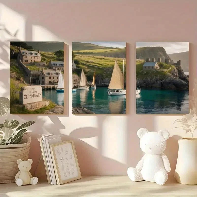 3pcs Sailboats Natural Landscape Painting Metal Print Ready to Hang Art