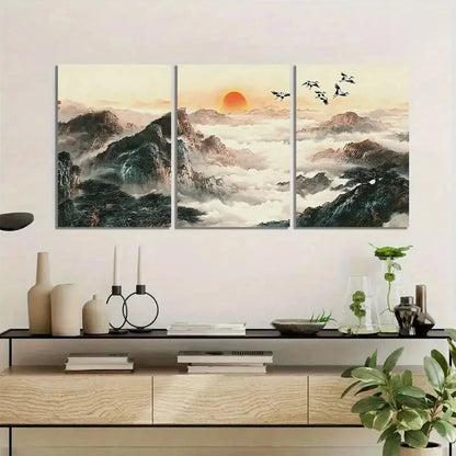 3pcs Chinese Landscape with Mountains And Clouds Metal Print Ready to Hang Art