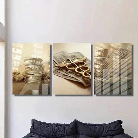 3pcs Caduceus Medical Symbol &amp; Currency Metal Print Ready to Hang Art