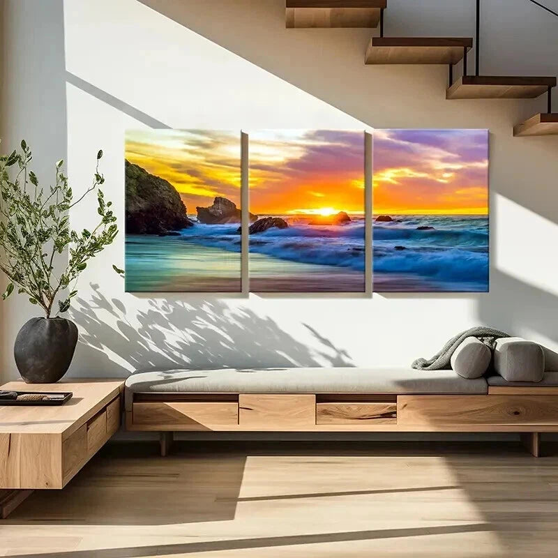 3pcs Vibrant Colorful Sunset Seaside Beach Wall Art Set Canvas Framed 40x60cm - High Quality Print 100% Australian Made Wall Canvas Ready to Hang