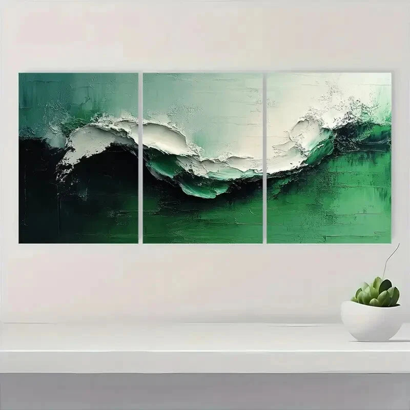 3pcs White and Green Modern Abstract Green Acrylic Metal Print Ready to Hang Art