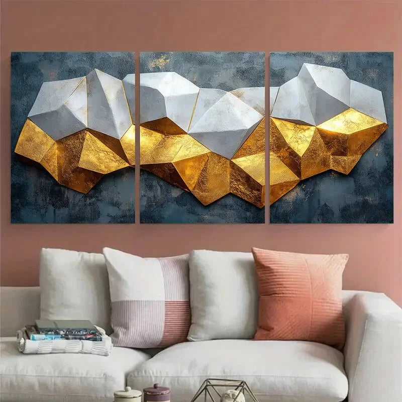 3pcs Modern Geometric White Golden Design Metal Print Ready to Hang Art