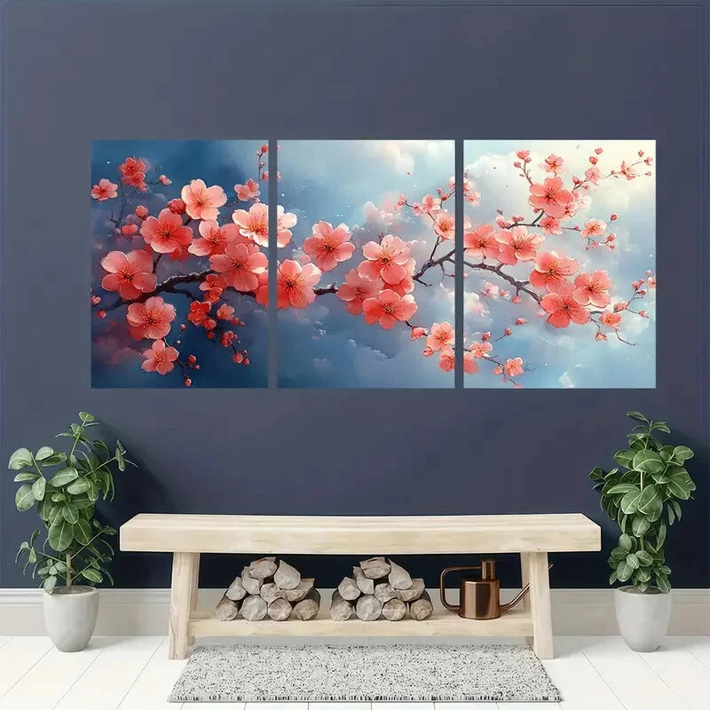 3pcs Pink Flowers & Blooming Tree Design Metal Print Ready to Hang Art