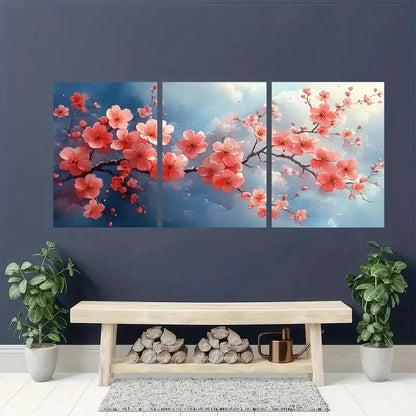 3pcs Pink Flowers & Blooming Tree Design Metal Print Ready to Hang Art