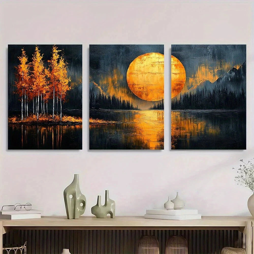 3pcs Golden Autumn Trees & Moonlit Waters Metal Print Ready to Hang Art