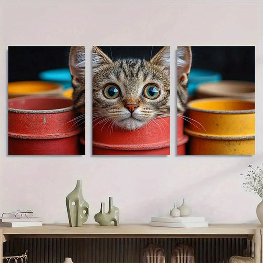3pcs Whimsical Cat Vibrant Blue-Eyed Kitten Metal Print Ready to Hang Art