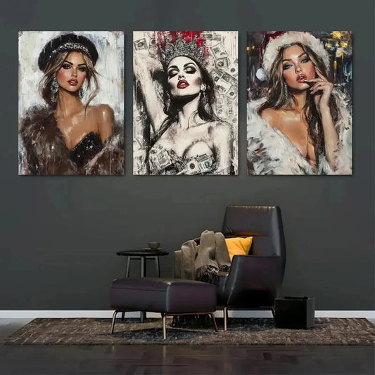 3pcs Women with Crown Fur and Money Elements Metal Print Ready to Hang Art