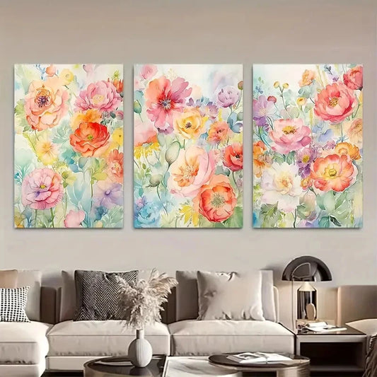 3pcs Vibrant Peonies & Roses Floral Watercolor Metal Print Ready to Hang Art