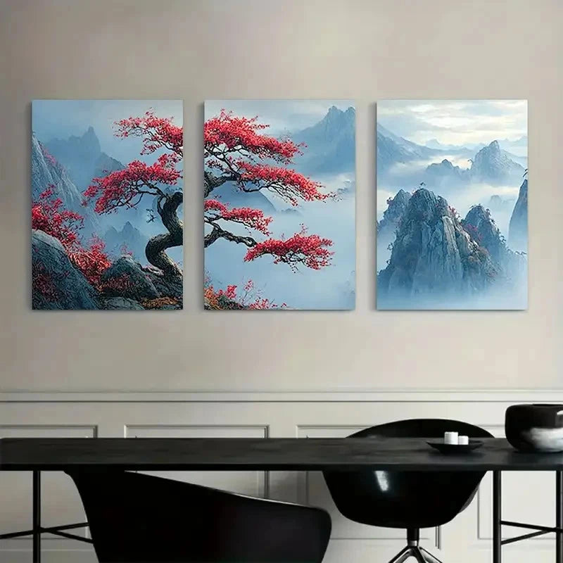 3pcs Heart Ornament on Tree Branch Metal Print Ready to Hang Art