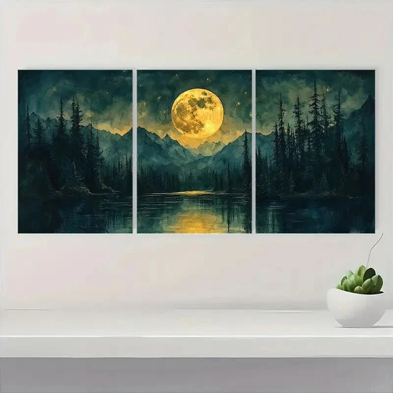 3pcs Watercolor Night Sky Forest & Lake Landscape Metal Print Ready to Hang Art