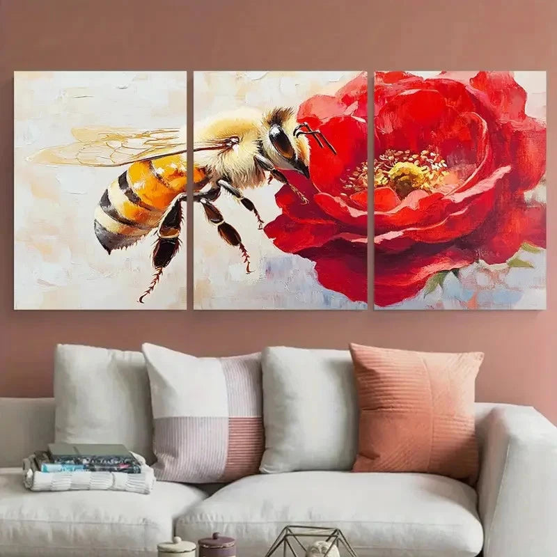 3pcs Red Geranium Floral with Honeybee Metal Print Ready to Hang Art