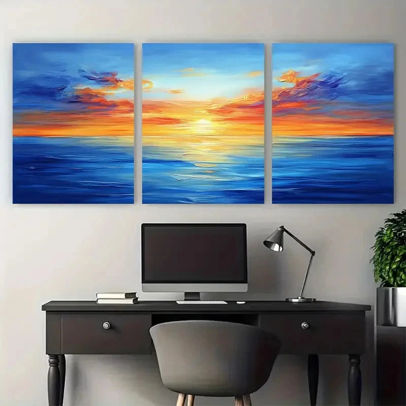 3pcs Blue Sky and Sea Painting Ocean Minimalist Wall Art Set Canvas Framed 60x90cm - High Quality Print 100% Australian Made Wall Canvas Ready to Hang