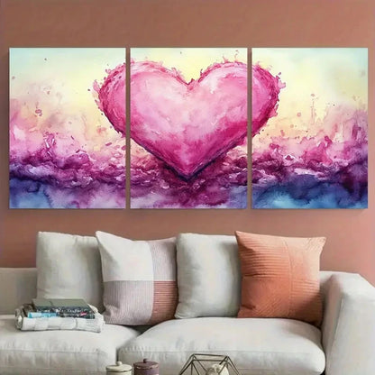 3pcs Romantic Pink Ribbon Heart Watercolor Wall Art Set Canvas Framed 50x70cm - High Quality Print 100% Australian Made Wall Canvas Ready to Hang