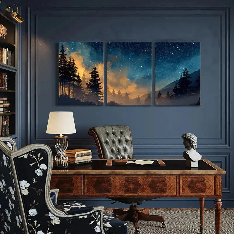 3pcs Starry Night Forest Landscape with Pine Trees Metal Print Ready to Hang Art