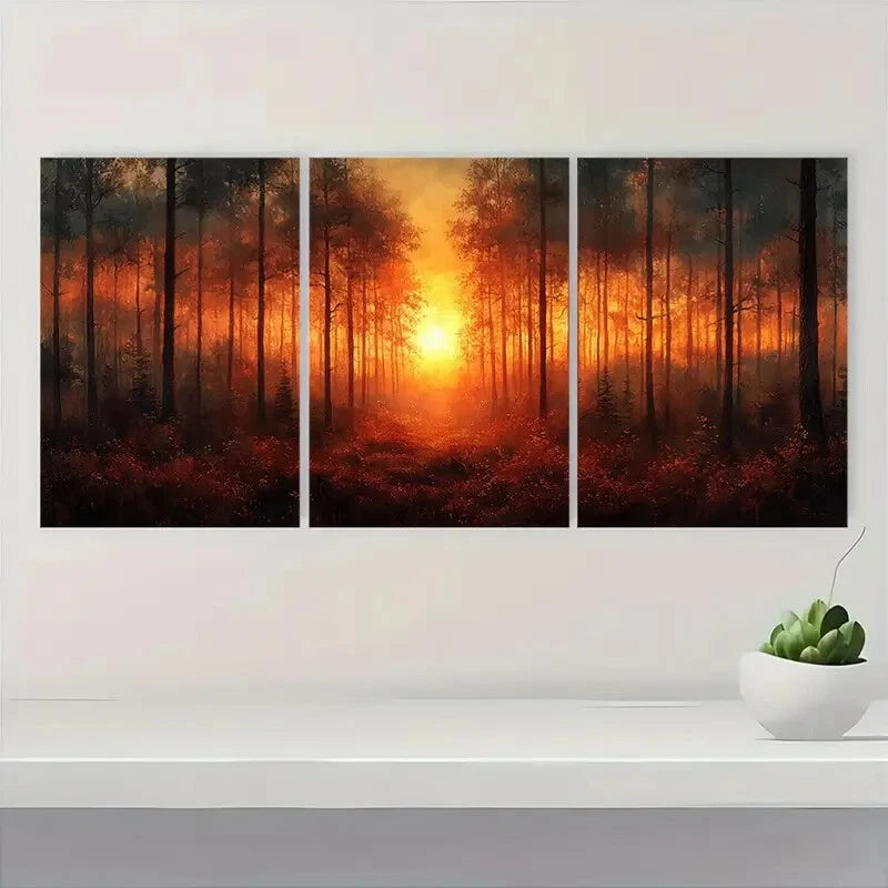 3pcs Sunrise Forest Watercolor Art Print Metal Print Ready to Hang Art