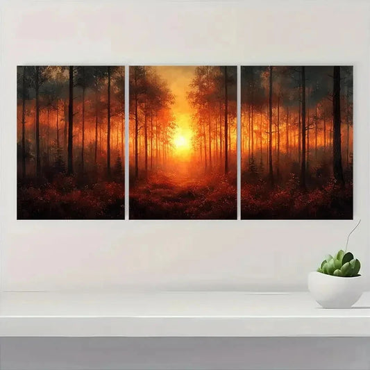 3pcs Sunrise Forest Watercolor Art Print Metal Print Ready to Hang Art