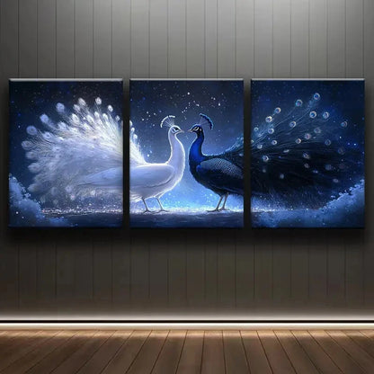 3pcs White And Blue Peacock Birds Metal Print Ready to Hang Art