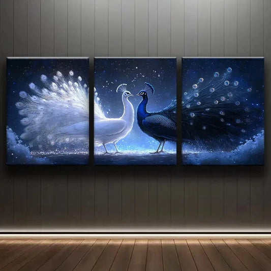 3pcs White And Blue Peacock Birds Metal Print Ready to Hang Art