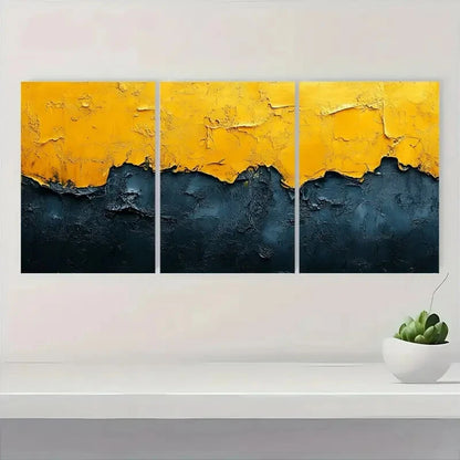 3pcs Abstract Yellow & Black Minimalist Textured Metal Print Ready to Hang Art