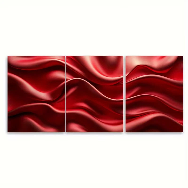 3pcs Red Satin Silk Waves Render Metal Print Ready to Hang Art