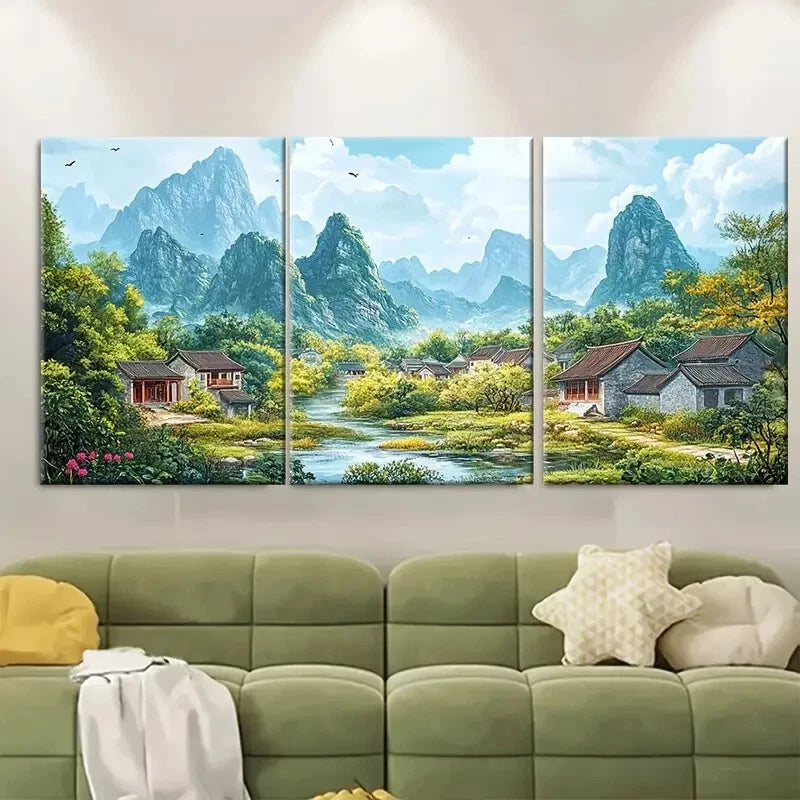 3pcs Guangxi Village & Karst Mountain Poster Metal Print Ready to Hang Art