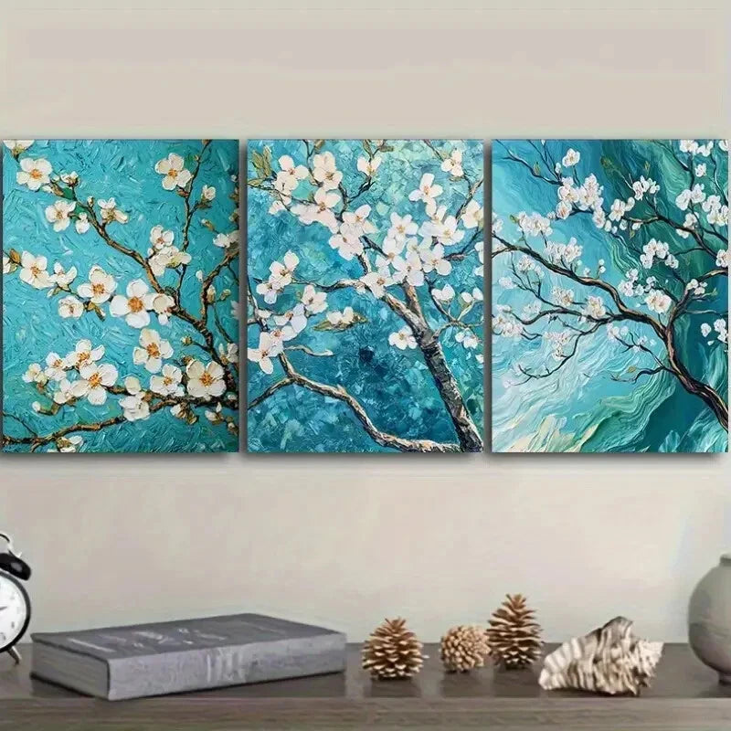 3pcs Green And White Blossoming Almond Trees Metal Print Ready to Hang Art