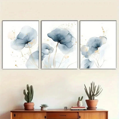 3pcs Elegant Blue Floral Art Set Metal Print Ready to Hang Art