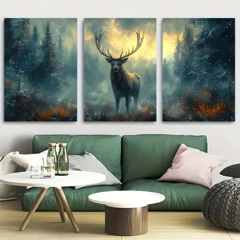 3pcs Mythical stag in the forest Metal Print Ready to Hang Art