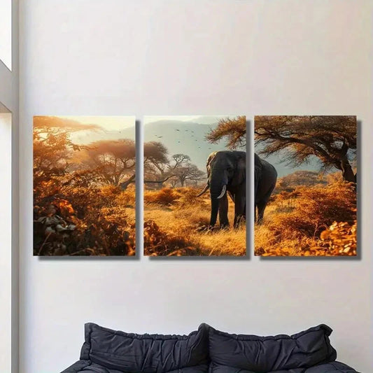 3pcs Elephant Forest Vibrant Jungle Scene Metal Print Ready to Hang Art