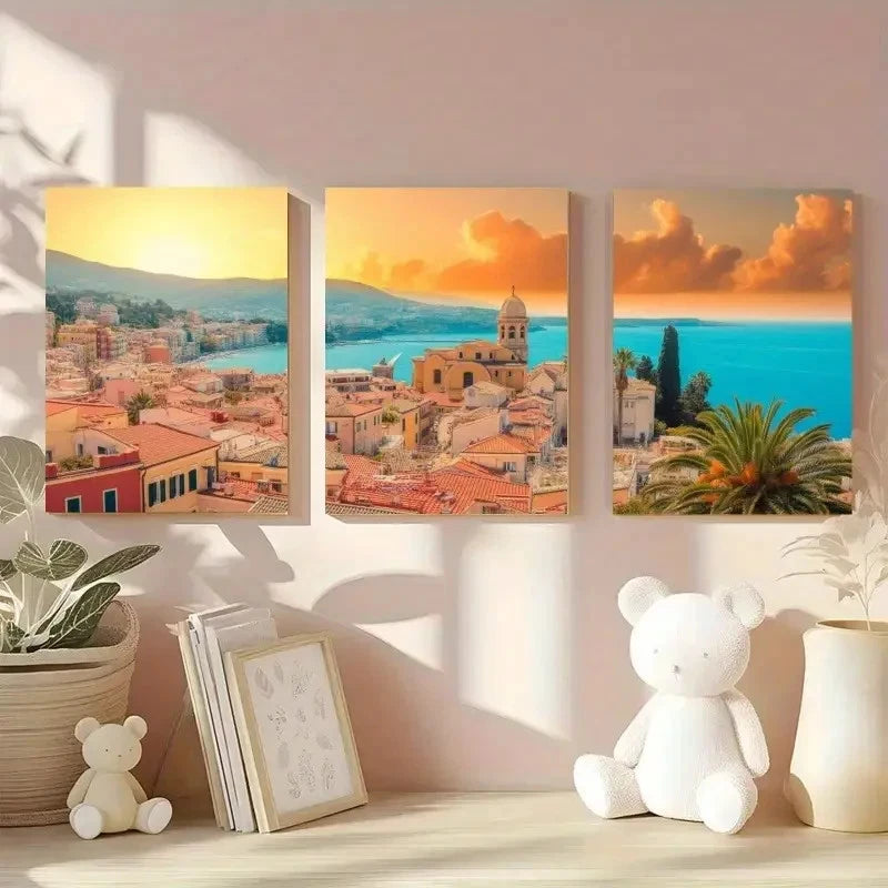 3pcs Mediterranean Coastal Sunset Cityscape Metal Print Ready to Hang Art