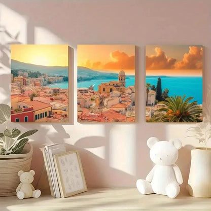 3pcs Mediterranean Coastal Sunset Cityscape Metal Print Ready to Hang Art