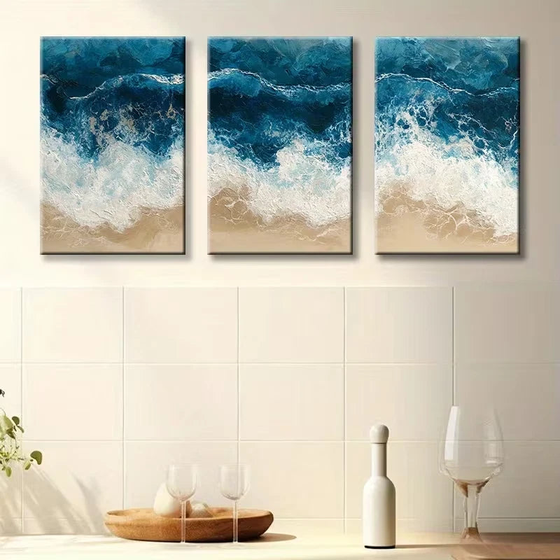 3pcs Beach Waves Illustration Wall Art Set Canvas Framed 60x90cm - High Quality Print 100% Australian Made Wall Canvas Ready to Hang