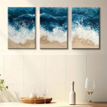 3pcs Beach Waves Illustration Wall Art Set Canvas Framed 60x90cm - High Quality Print 100% Australian Made Wall Canvas Ready to Hang