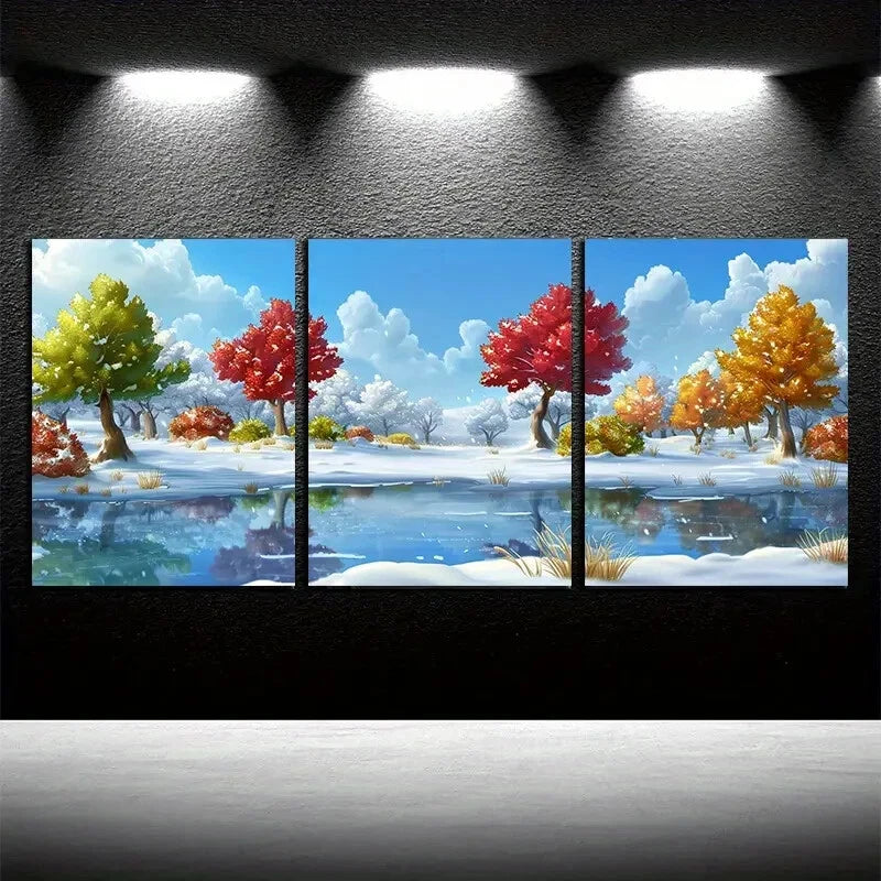 3pcs Serene Trees & Clear Water Bodies Design Metal Print Ready to Hang Art
