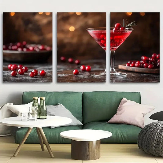 3pcs Cranberry Cocktail Martini Kitchen Bar Metal Print Ready to Hang Art