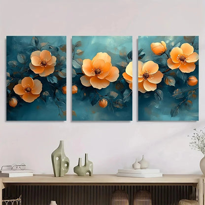 3pcs Soft Pink Peach Blooms with Green Leaves Metal Print Ready to Hang Art