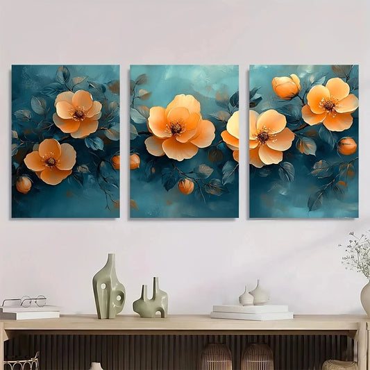 3pcs Soft Pink Peach Blooms with Green Leaves Metal Print Ready to Hang Art