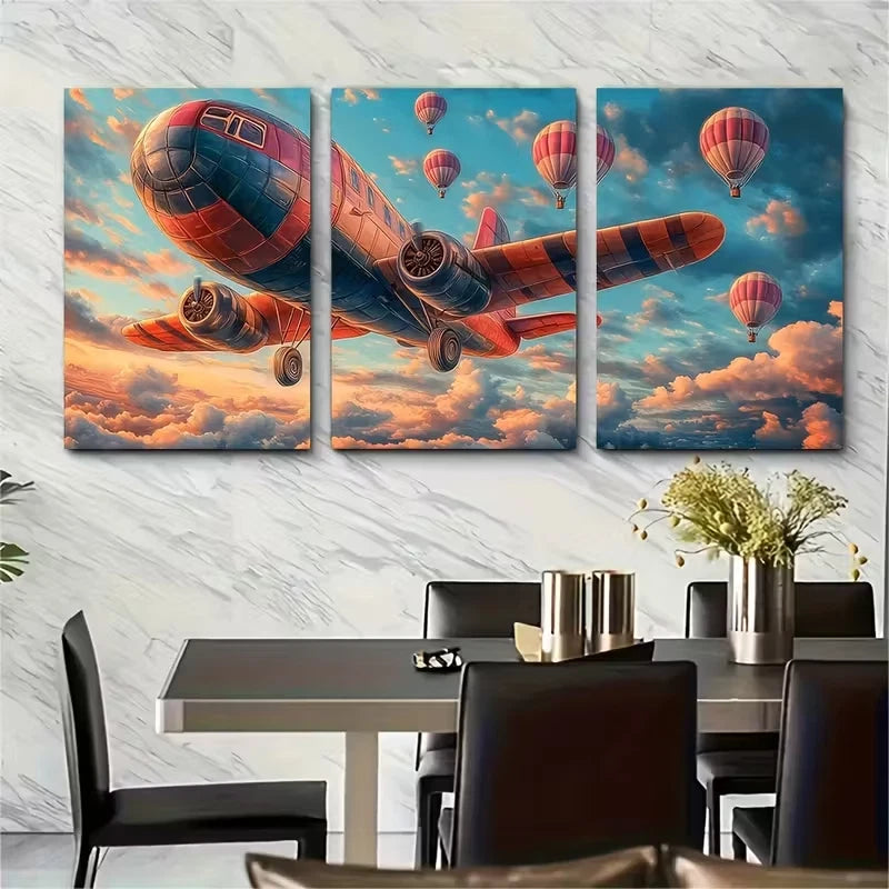 3pcs Dreamy Balloon Airplane Metal Print Ready to Hang Art