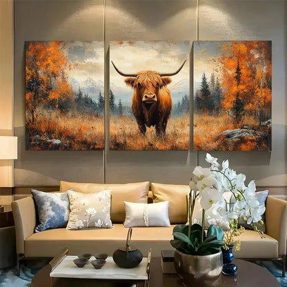 3pcs Highland Cow Autumn Meadow Scene Metal Print Ready to Hang Art