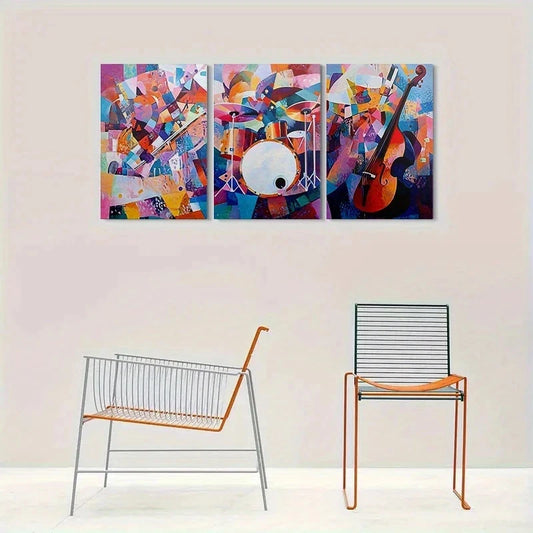 3pcs Vibrant Abstract Musical Instruments Metal Print Ready to Hang Art