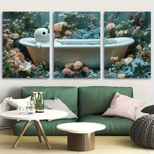 3pcs Whimsical Floral Bathtub Scene Spooky Metal Print Ready to Hang Art