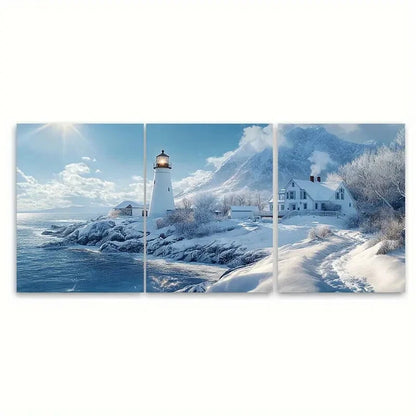 3pcs New England Coastline Lighthouses in Winter Metal Print Ready to Hang Art
