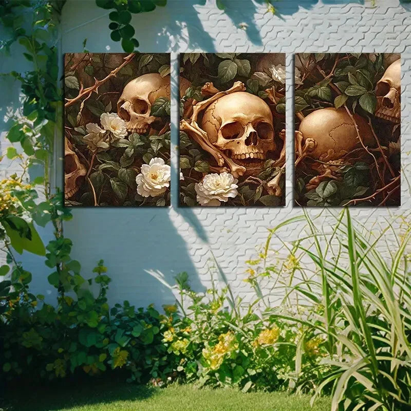 3pcs Skeleton in the Flowers Illustration Metal Print Ready to Hang Art