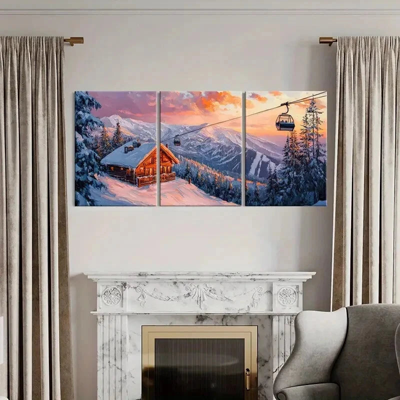 3pcs Winter Cabin Snowy Mountains Alpine Scenery Metal Print Ready to Hang Art