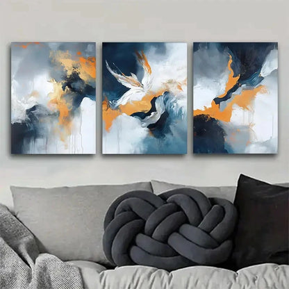 3pcs Blue White and Golden Fluid Paints Metal Print Ready to Hang Art