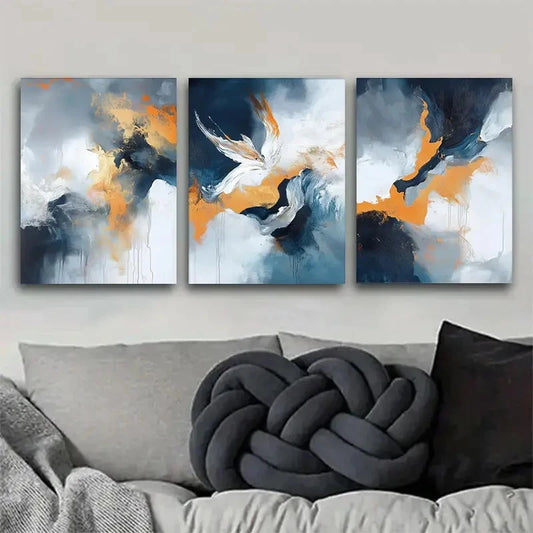 3pcs Blue White and Golden Fluid Paints Metal Print Ready to Hang Art